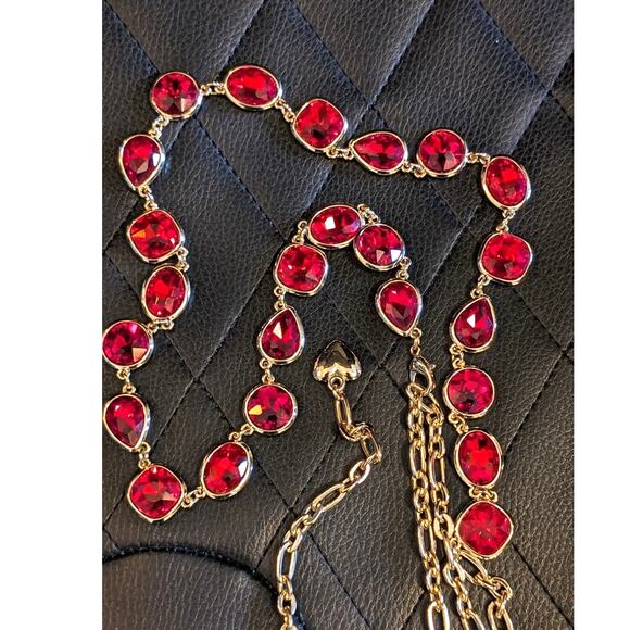 Bezel Set Red Crystal Gold Tone Chain Link Belt W/ Heart Charm 21-44" - Picture 1 of 15